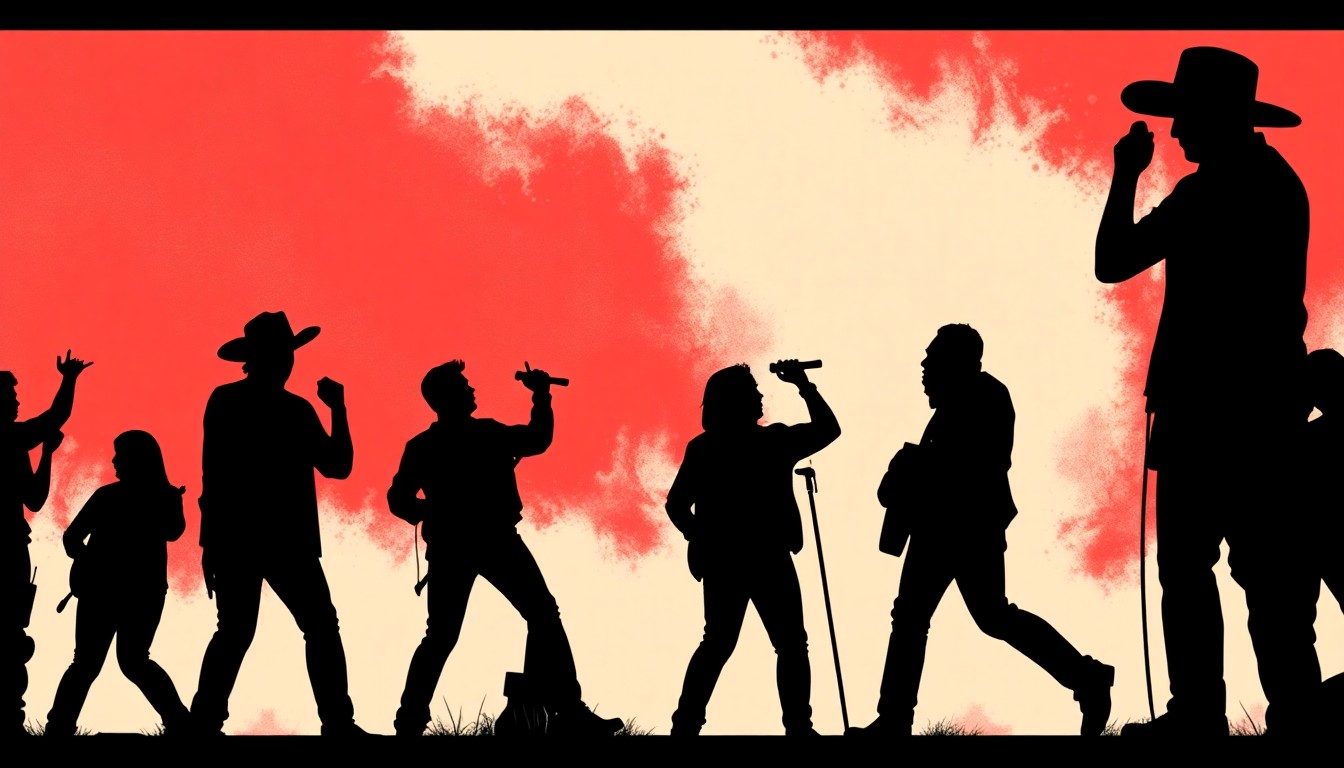 A minimalist, abstract illustration using bold black shapes and bright red and white colors to capture the energetic atmosphere of a country music festival.