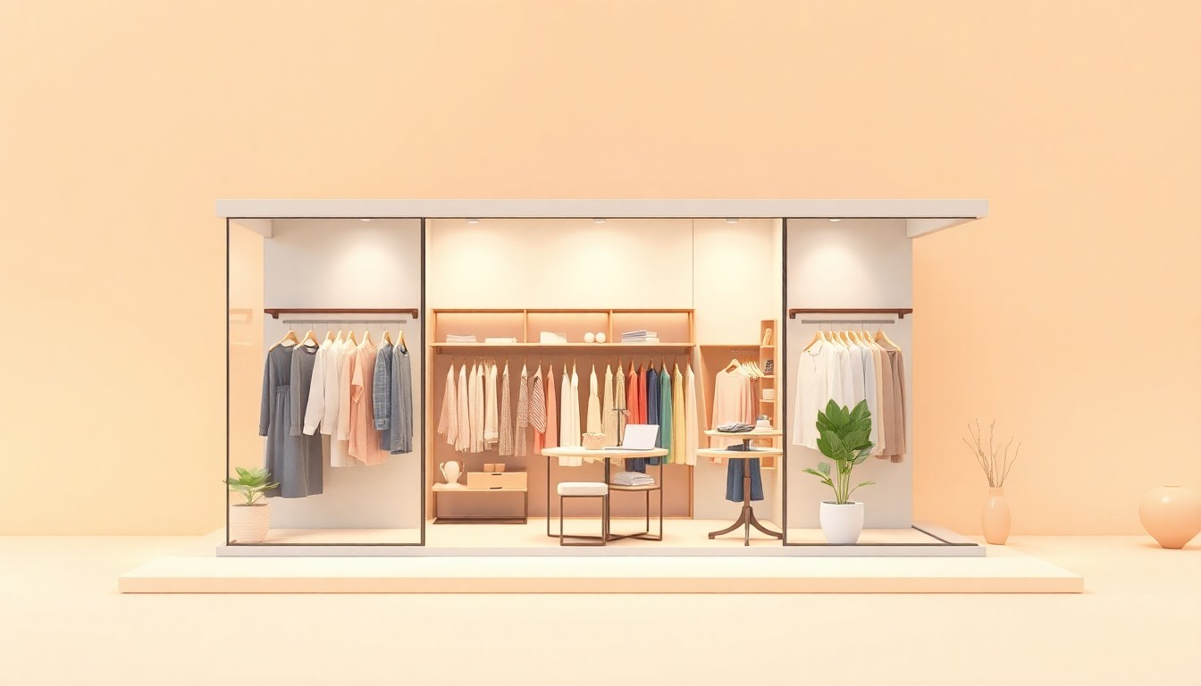 A stylized 3D illustration of a modern, well-designed women's clothing boutique interior, featuring clean lines, pastel colors, and soft studio lighting, conceptually representing the opening of a new specialty retail store in a historic downtown district.