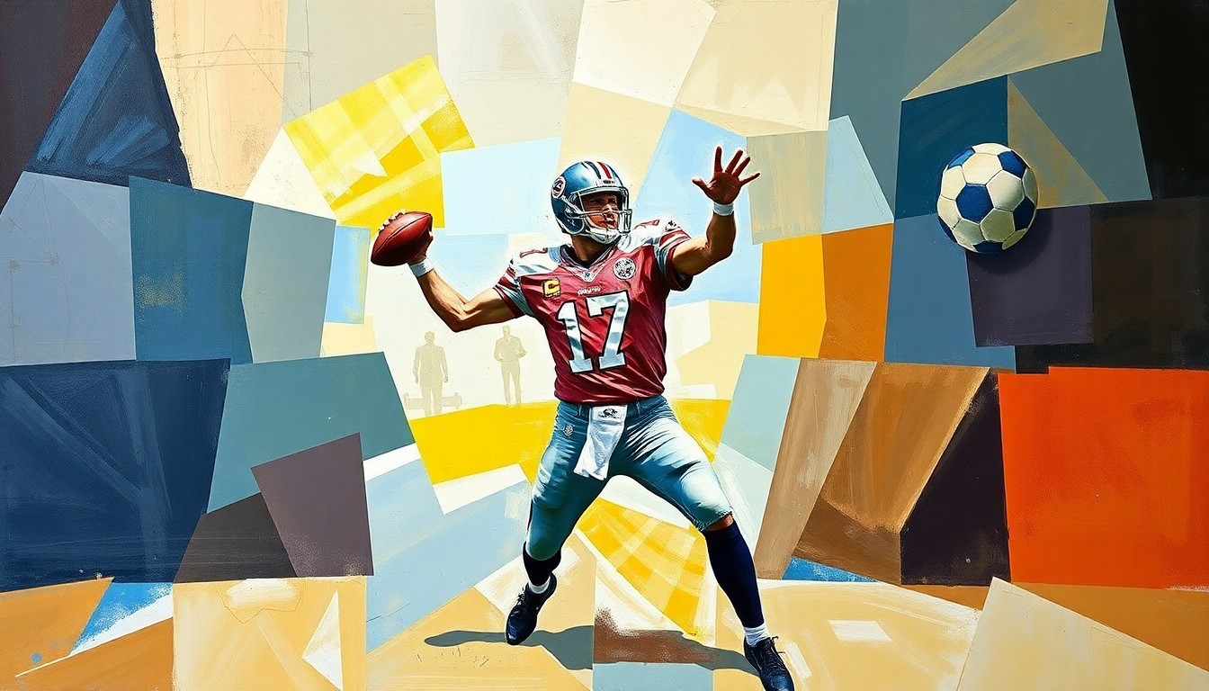 A fragmented, geometric painting depicting a quarterback's throwing motion from multiple angles, with sharp lines and planes of color representing the various movements and perspectives involved.