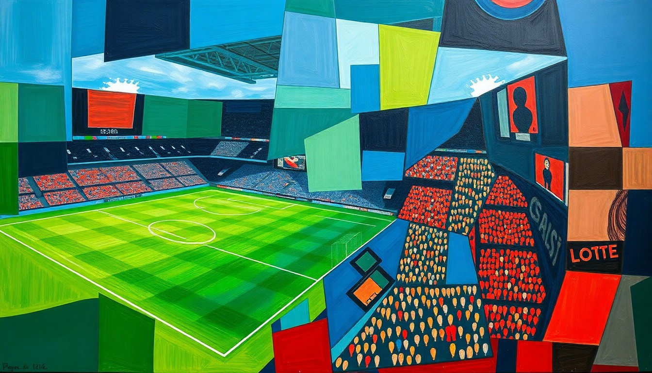 A cubist, geometric painting depicting a fragmented, multi-angled view of a soccer stadium, with sharp planes of color representing the various elements of the scene in an abstract, deconstructed style.