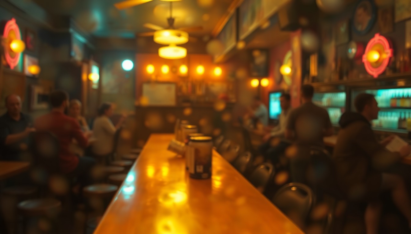 An extremely blurred, out-of-focus scene depicting the warm, nostalgic atmosphere of an old-school New York City bar, with only faint outlines of bar stools, bottles, and patrons visible through a hazy, rain-streaked lens.