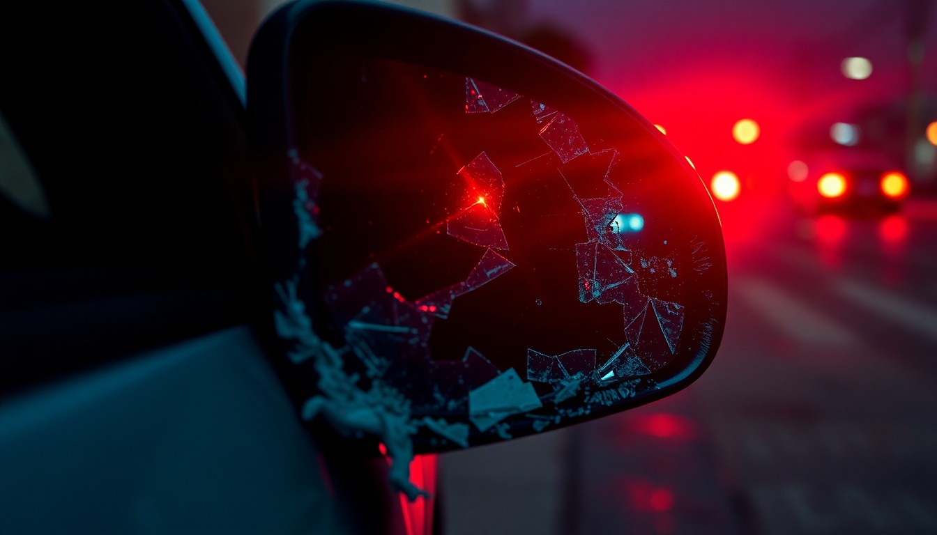 An extreme close-up photograph of a shattered car side mirror reflecting a faint red light, conceptually representing the aftermath of a hit-and-run crash in a gritty urban setting.
