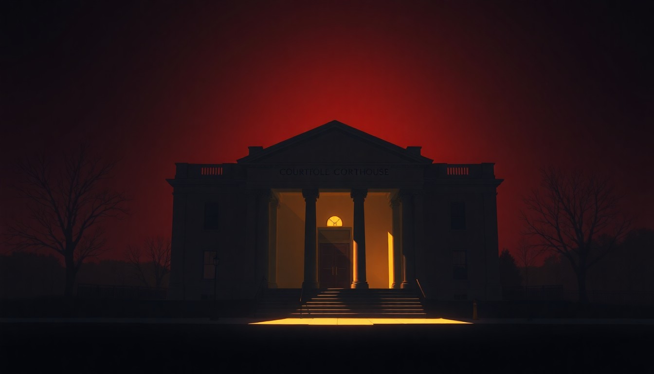 A dimly lit, cinematic painting of a government building or courthouse, with warm sunlight streaming in through the windows and deep shadows cast across the facade, creating a sense of quiet contemplation and unease.