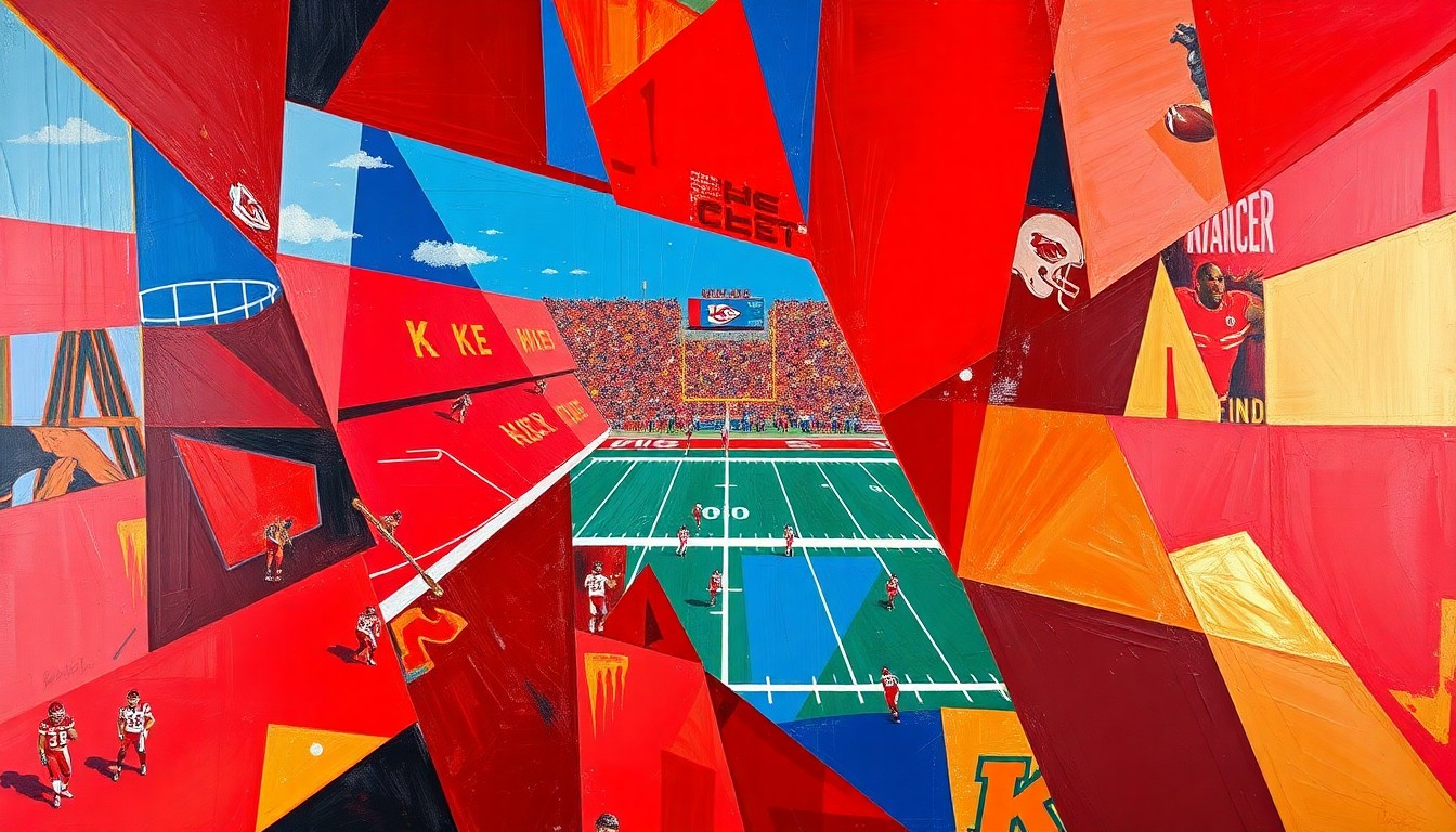 A fragmented, cubist-style painting depicting a Kansas City Chiefs football game or practice, with sharp geometric shapes in deep red, royal blue, and metallic gold representing the dynamic action on the field.