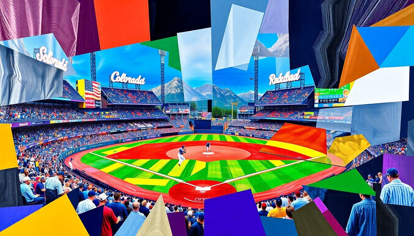 A cubist, geometric painting depicting a baseball game in progress, with the players and field broken down into overlapping planes of vibrant colors representing the teams' official colors.