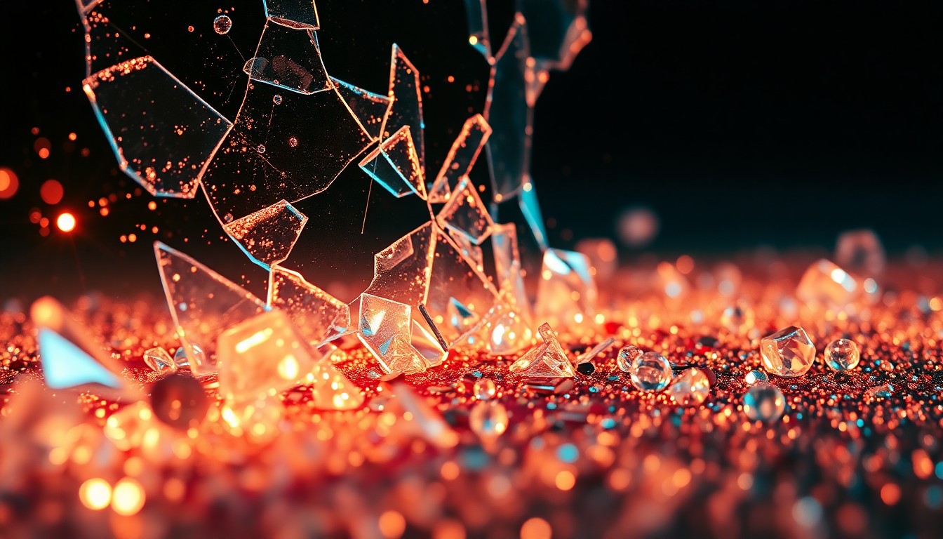 An abstract close-up image of shattered glass and glittering sequins, conveying the fragility and resilience of the human experience through high-contrast studio lighting.