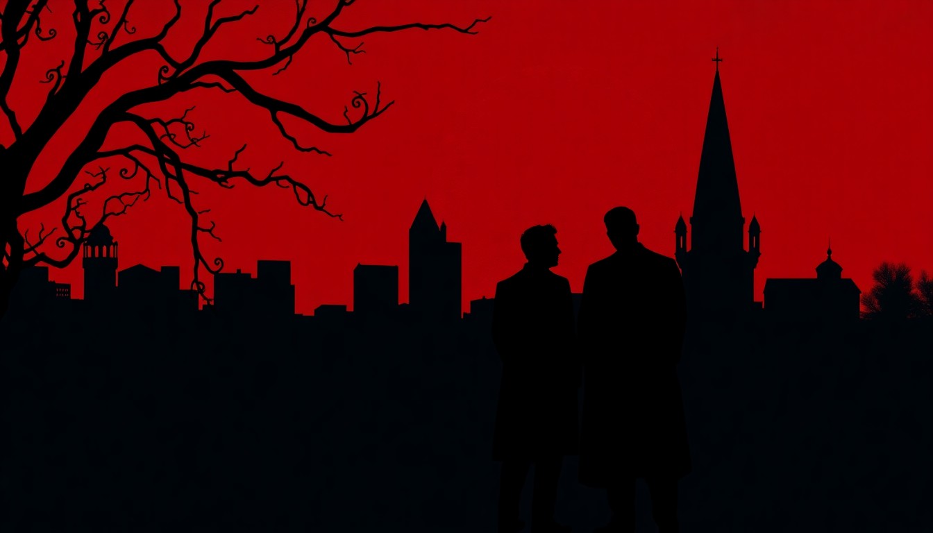 A minimalist, abstract illustration featuring bold, jagged black silhouettes against a deep red and blue background, conceptually representing the gothic, supernatural themes of the novel 'Interview with the Vampire' and its enduring connection to the city of New Orleans.
