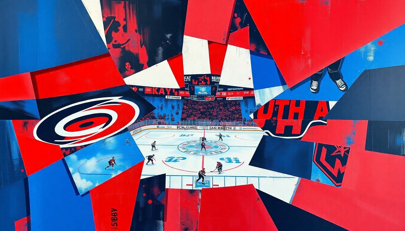 A fragmented, geometric painting depicting the action and movement of a hockey game, with sharp planes of blue, red, and white representing the players and the arena.