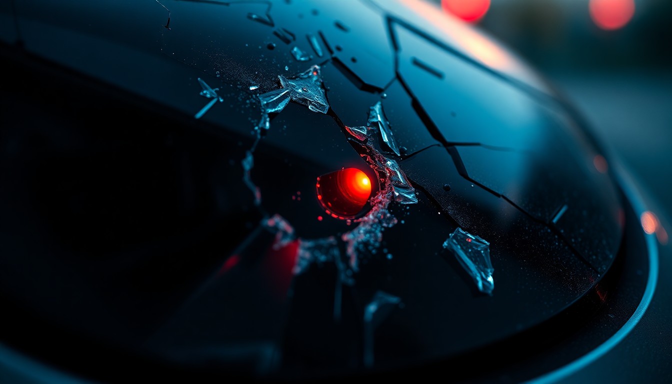 An extreme close-up of a shattered car sensor lens reflecting a faint red light, conceptually illustrating the vandalism of self-driving cars.