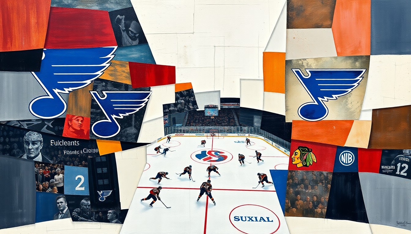A fragmented, geometric painting depicting the action and energy of a hockey game, with the players and arena rendered in an abstract, cubist style.