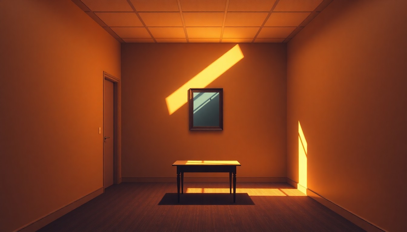 A quiet, cinematic painting of an empty government office space with a single framed mirror hanging crookedly on the wall, bathed in warm, diagonal sunlight and deep shadows, conceptually illustrating the introspective mood surrounding a past domestic dispute report in a high-stakes political campaign.