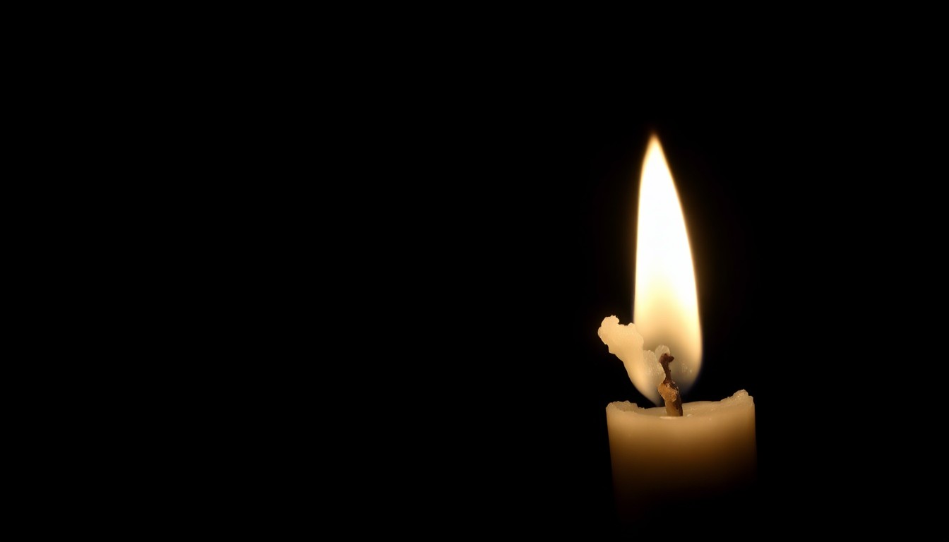 An extreme close-up photograph of a partially melted candle wick against a pitch-black background, the dramatic lighting and stark contrast creating a gritty, investigative aesthetic.