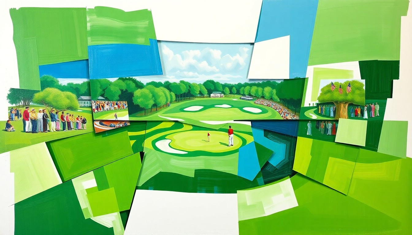 A fragmented, geometric painting depicting the dynamic action and energy of a professional golf tournament, with sharp planes of green, white, and blue hues.