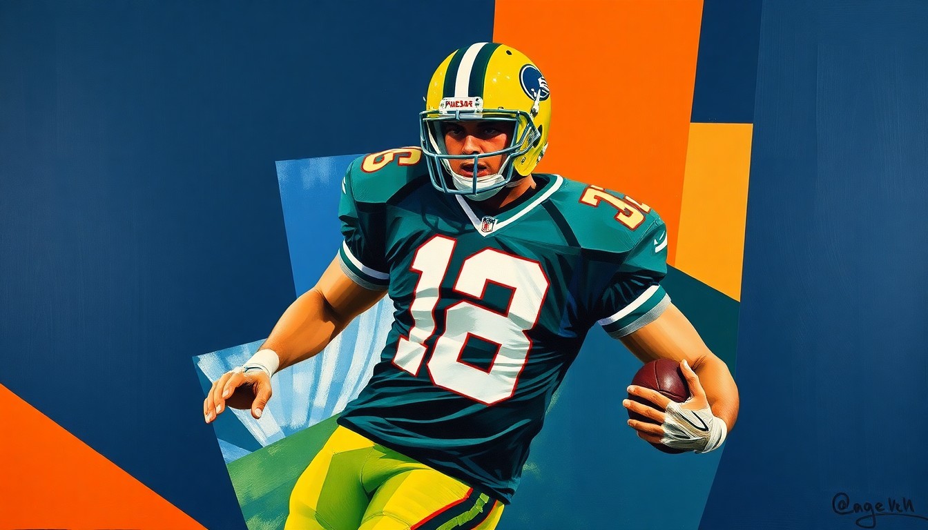 A fragmented, geometric painting depicting a football player in motion, their jersey number and facial features obscured, conveying the conceptual challenge of a single player excelling on both offense and defense in the modern NFL.
