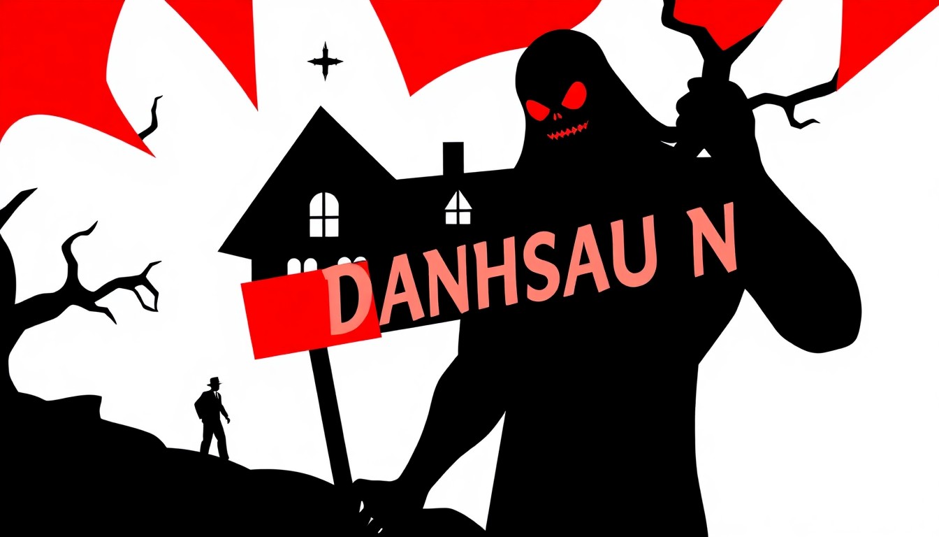 An abstract, minimalist composition of jagged black silhouettes and bold red and white shapes, conceptually representing the new WWE wrestler Danhausen and the intrigue surrounding his Munsters-inspired address.