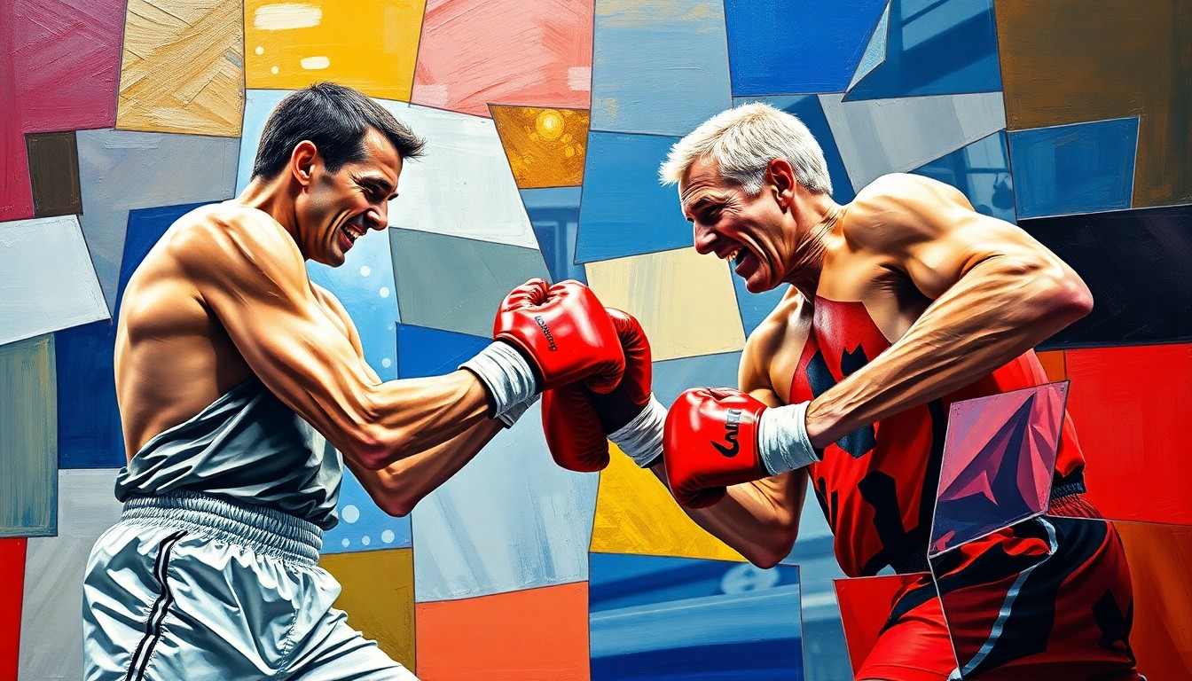 A fragmented, geometric painting depicting a boxing match between two figures, their identities obscured by the cubist style, representing the complex personal dynamics between public personalities.