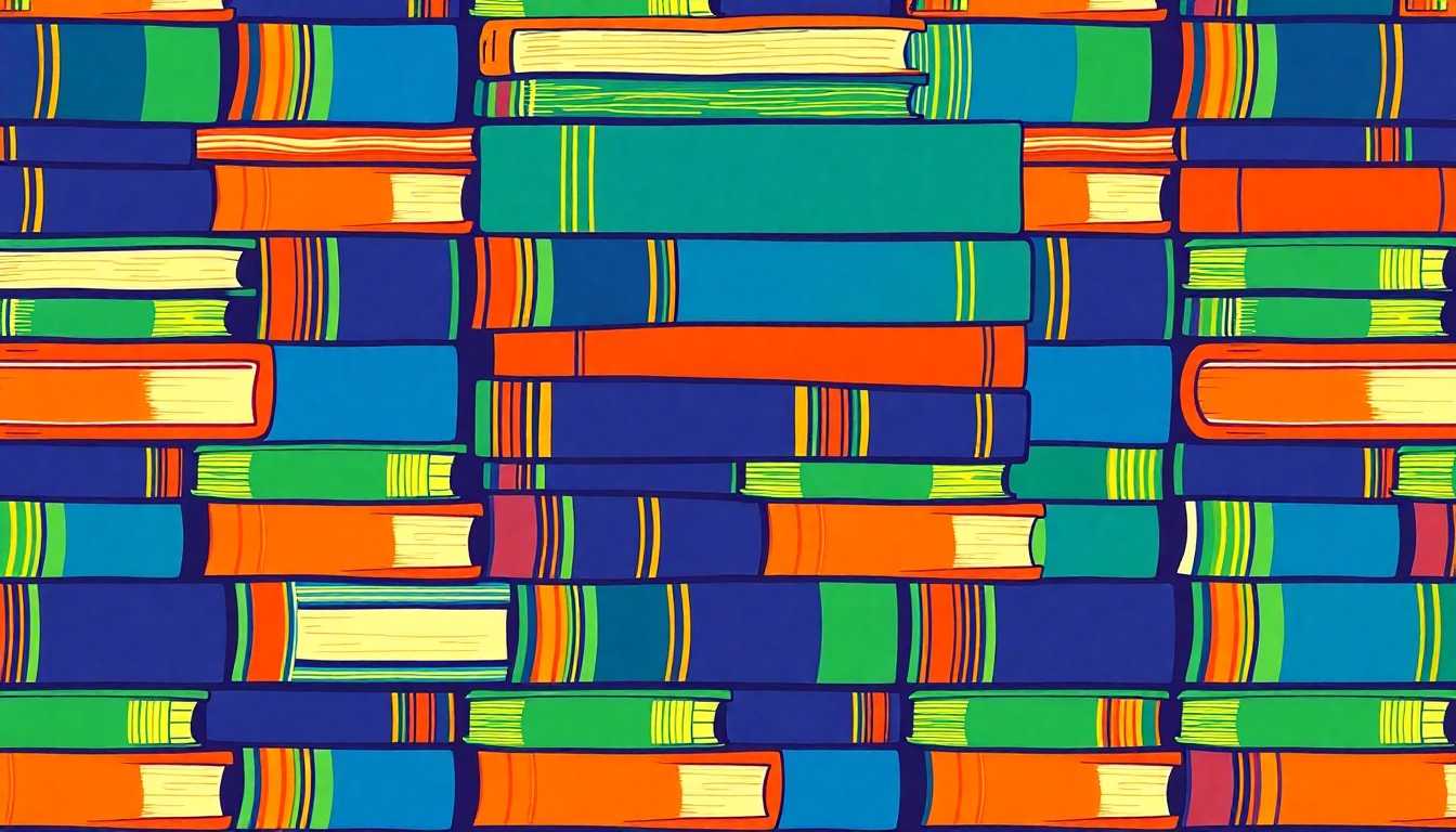 A bold, colorful silkscreen-style illustration featuring a repeating grid of stacked textbooks in shades of blue, green, and orange, conceptually representing the challenges facing community colleges in the modern era.