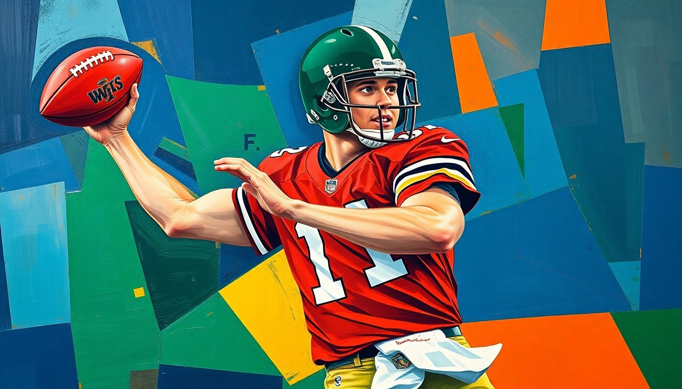 A cubist, geometric painting depicting a football quarterback's throwing motion broken down into overlapping planes of navy blue, forest green, and burnt orange, capturing the complex strategic decisions teams face in the NFL Draft.