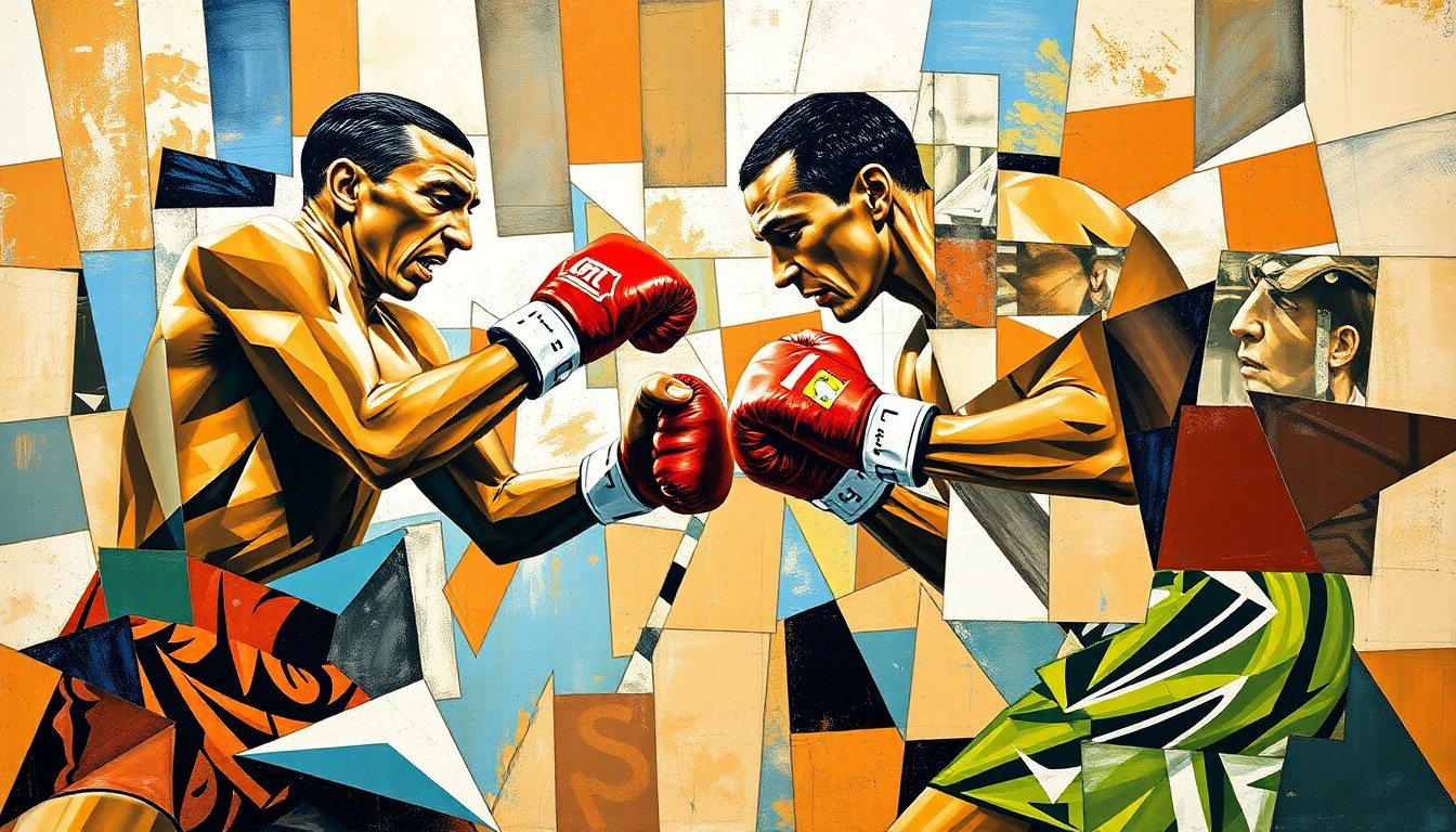A cubist, geometric painting depicting a fragmented, multi-angled view of a heavyweight boxing match, with sharp planes of color and form representing the raw energy and unpredictability of the sport.