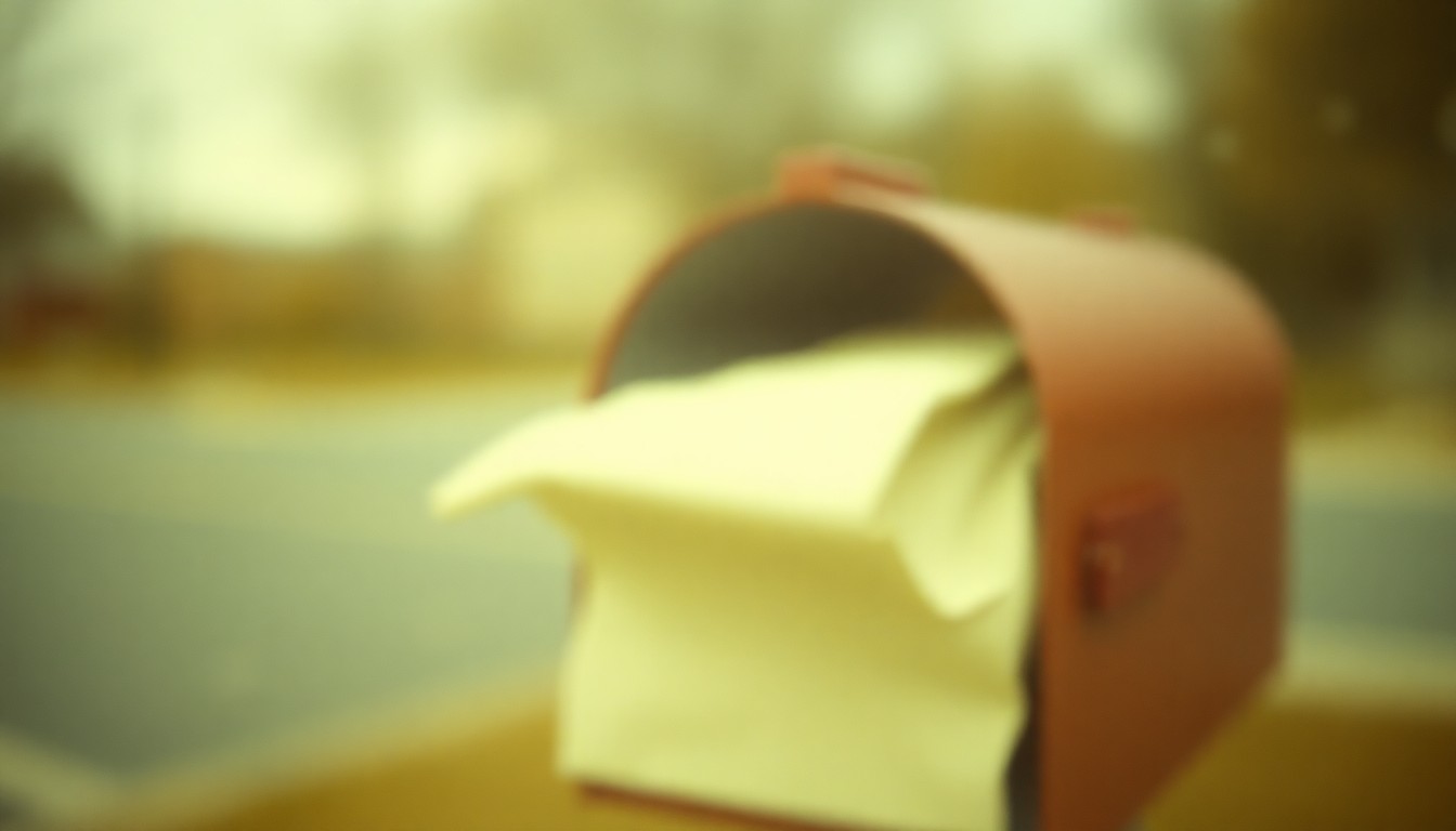 An abstract, impressionistic photograph of a blurred, warm-toned mailbox with a dryer sheet visible, conveying the concept of using household items to deter pests from mailboxes.