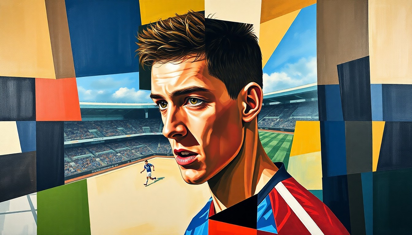 A cubist, geometric painting depicting a young footballer in motion, with overlapping planes and shapes representing the various forces shaping his journey at Rangers.