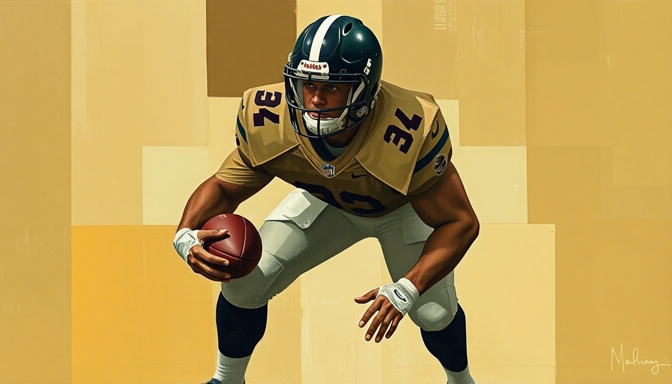 A fractured, cubist-style painting depicting an offensive lineman in pass protection, with sharp geometric planes in muted earth tones conveying the nuanced, collaborative nature of modern NFL contract negotiations.