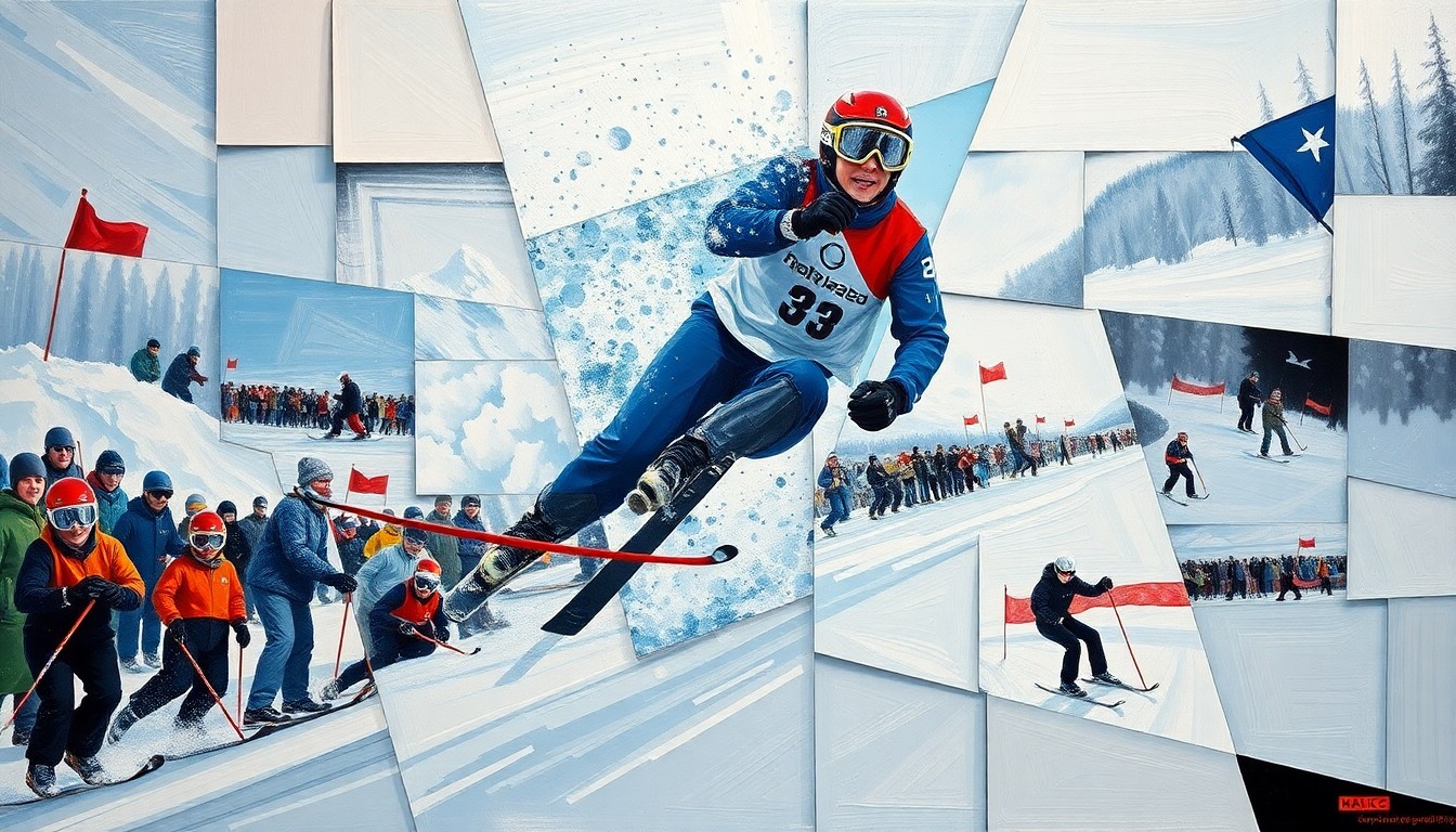 A cubist-style painting featuring overlapping geometric shapes and planes in vibrant colors, representing the motion and energy of winter sports events.