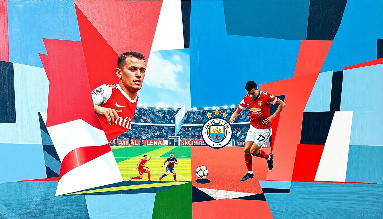 A cubist, geometric painting depicting a Premier League football match, with the players and field broken down into sharp, overlapping planes of red, white, and sky blue, capturing the intensity and strategic complexity of the title race.