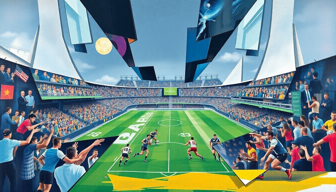 A fragmented, geometric painting depicting the dynamic action and tactical nuance of a rugby league match, with overlapping planes of color and form representing the multifaceted nature of the sport.