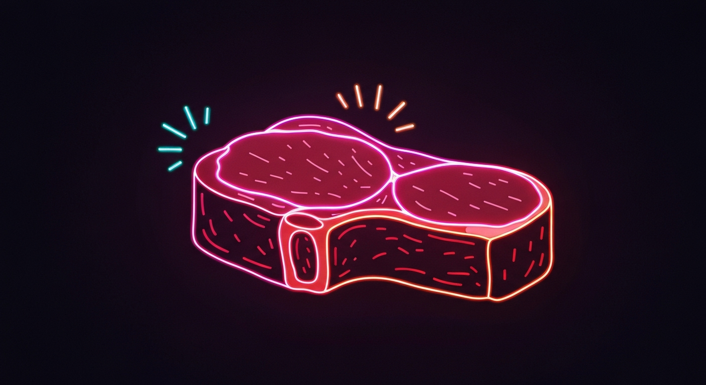 A minimalist illustration in the style of Keith Haring, depicting a pork chop defined by glowing neon lines against a dark background, conceptually representing the unexpected nutritional value of pork fat.