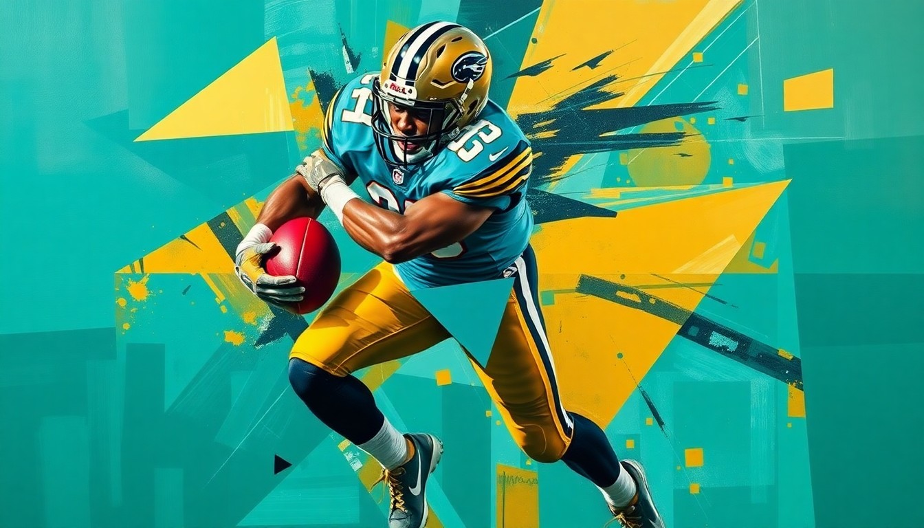 A fractured, geometric painting depicting a defensive tackle making a tackle, with sharp planes of teal, gold, and black colors creating a dynamic, multi-angled visual representation of the action.