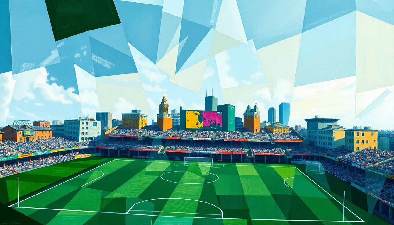 A fragmented, geometric painting depicting the dynamic movements and energy of a soccer match, with players and the field deconstructed into sharp, overlapping shapes and planes.