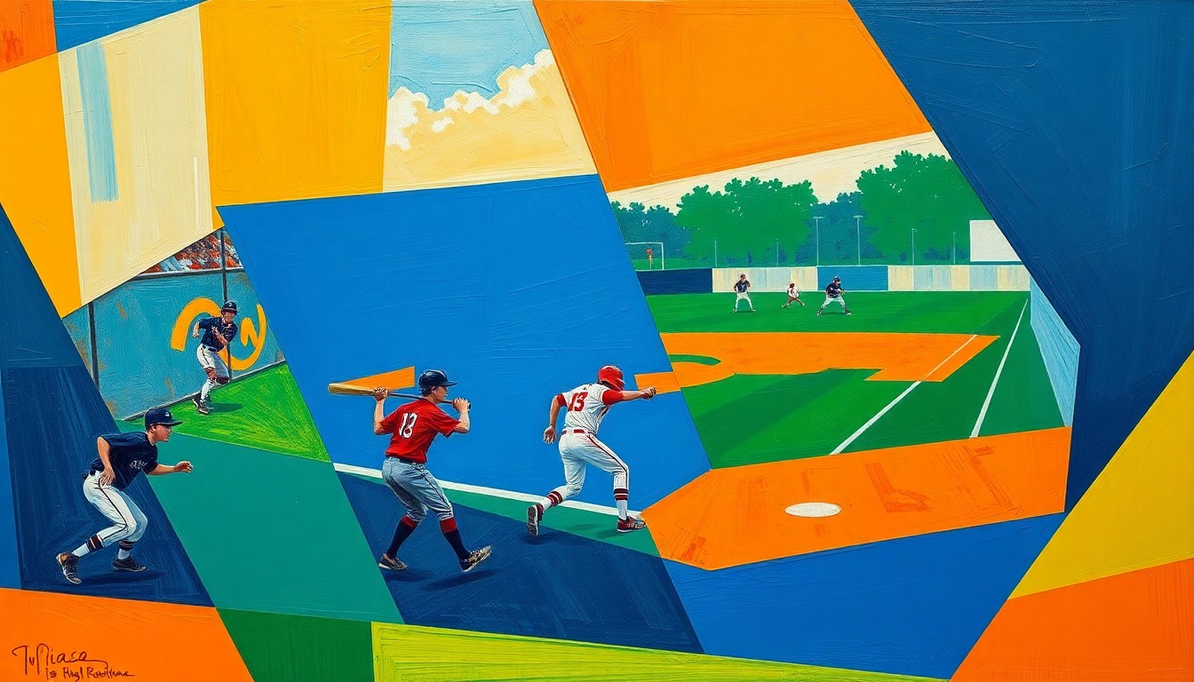 A fractured, cubist-style painting depicting the dynamic movements and energy of a high school baseball game, with players and the field of play broken down into sharp, overlapping geometric shapes in a vibrant color palette.