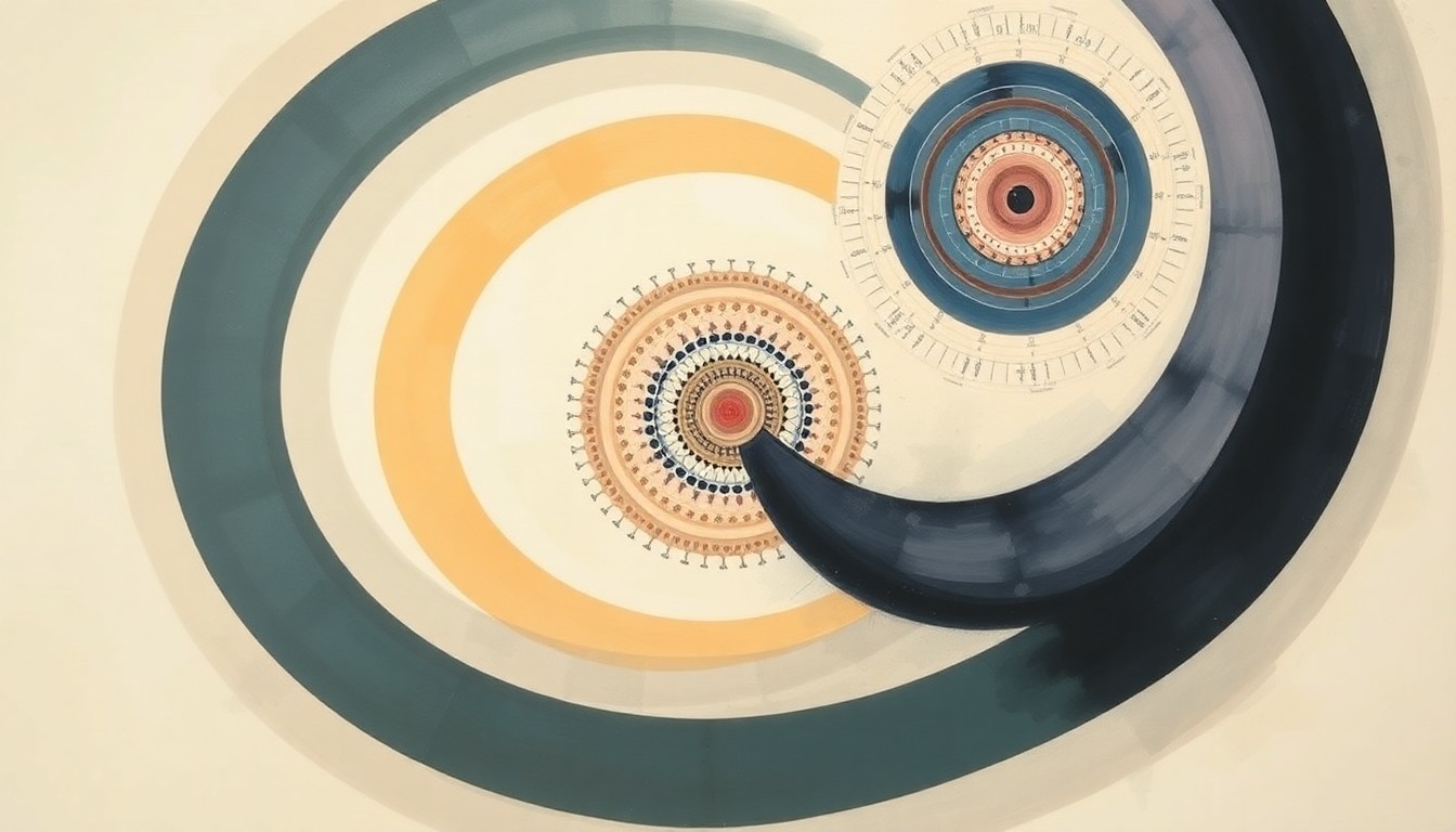A bold, abstract painting featuring sweeping geometric arcs, concentric circles, and precise botanical spirals in soft, flat colors against a clean background, conceptually representing the complex structure and behavior of disorganized lipid nanoparticles and their potential to enhance mRNA cargo delivery.