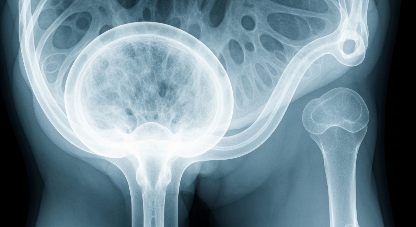 A highly detailed, translucent X-ray photograph showing the intricate internal structures of the human urinary tract, conveying the clinical yet hopeful nature of the new diagnostic breakthrough.