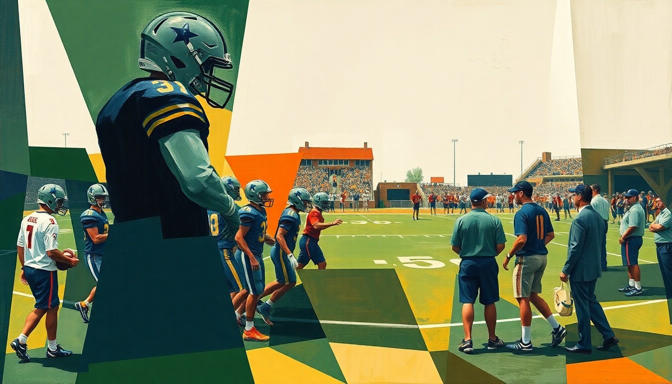 A cubist, geometric painting depicting the abstracted figures of football players, coaches, and recruits at a college practice, with sharp, overlapping planes of deep greens, navy blues, and burnt oranges.