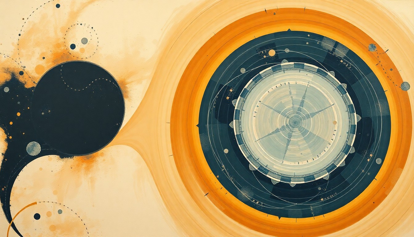 A bold, abstract painting in muted earth tones depicting the Artemis II mission's journey around the Moon, with sweeping geometric arcs, concentric circles, and precise spirals representing the structural order of the universe.