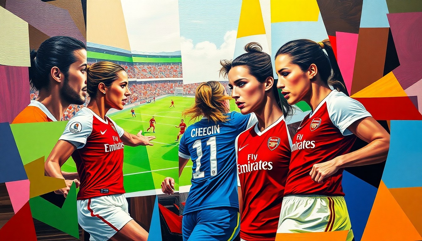 A cubist, geometric painting depicting a women's football match between Arsenal and OL Lyonnes, with the players and the field of play fragmented into sharp, overlapping planes of color.