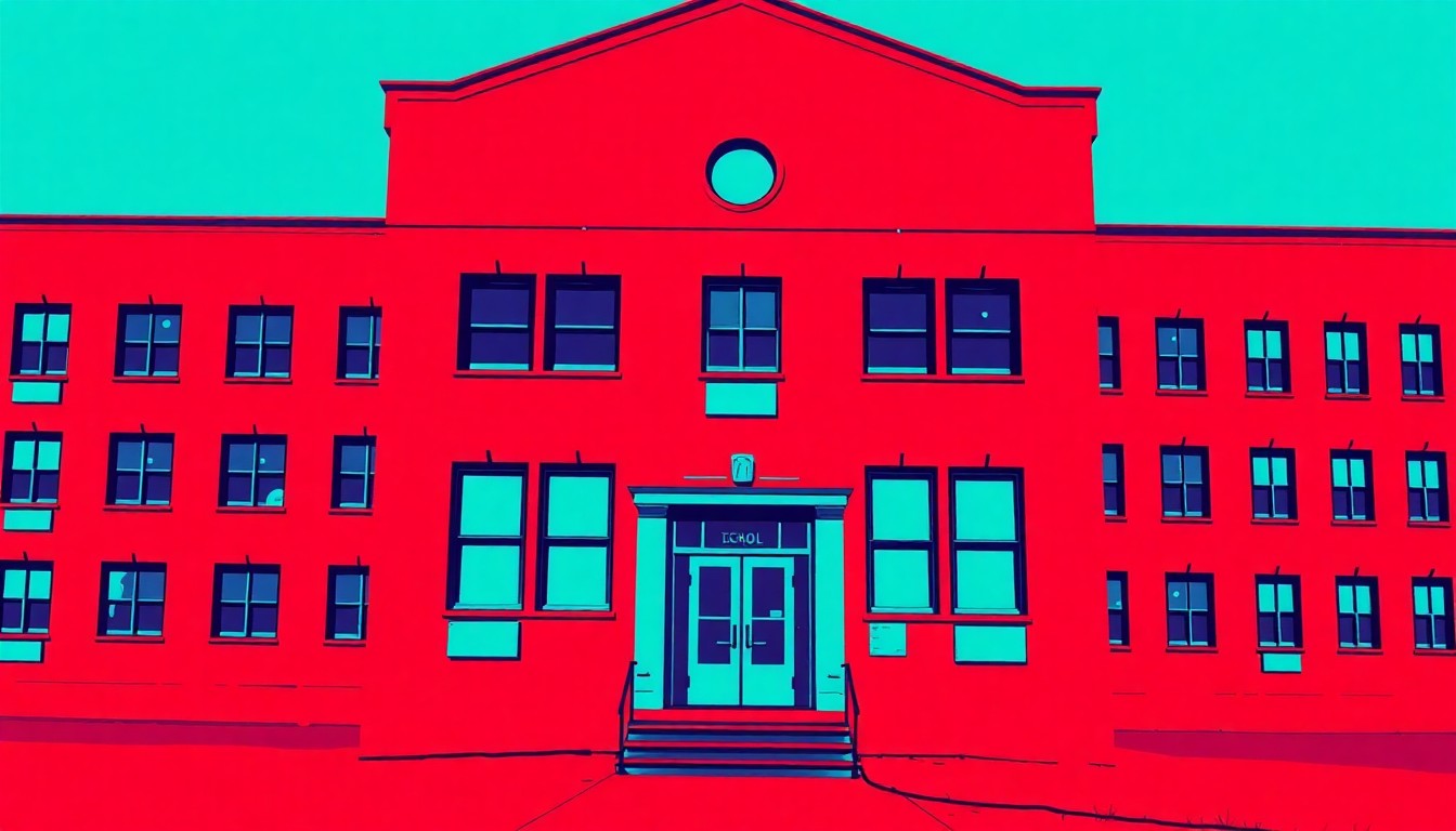A vibrant, high-contrast silkscreen illustration of a school building, repeated in a grid pattern with bold, neon-like colors and heavy black outlines, capturing the tension and uncertainty surrounding the superintendent's resignation.