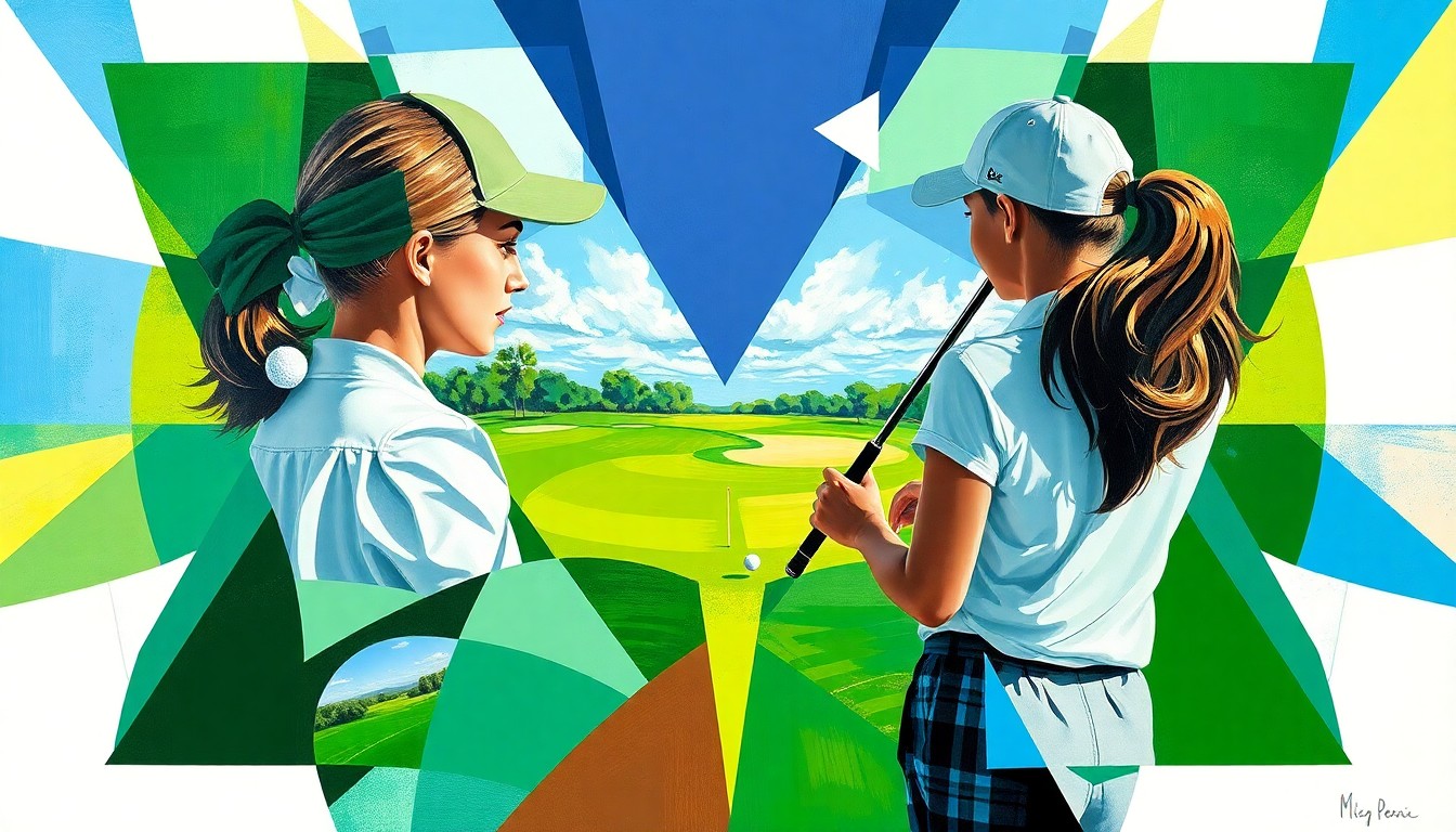 A fragmented, geometric painting in shades of green, blue, and white, capturing the dynamic action of a girls golf competition.