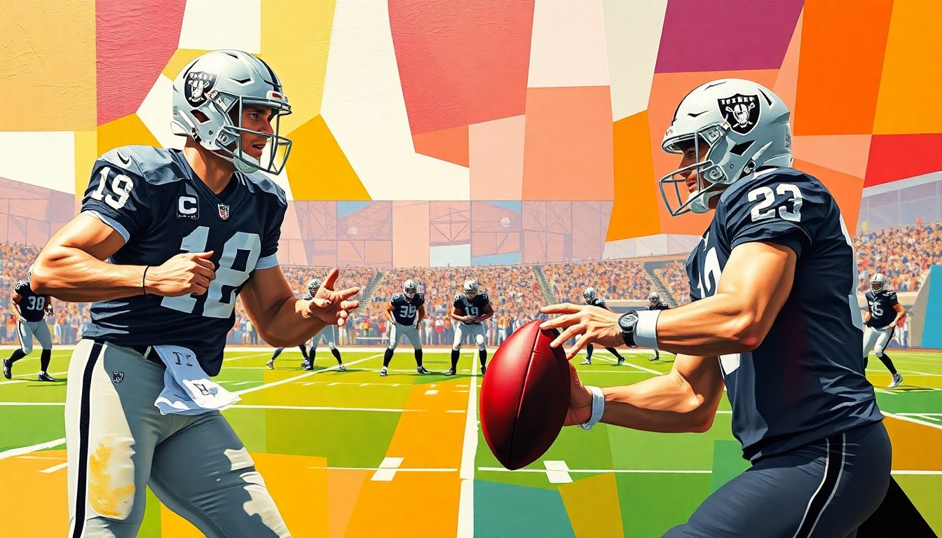 A fractured, cubist-style painting depicting a football practice or game, with the players and field broken down into sharp, overlapping geometric shapes in the Raiders' team colors, conceptually representing the mentorship of veteran quarterback Kirk Cousins guiding rookie Fernando Mendoza.