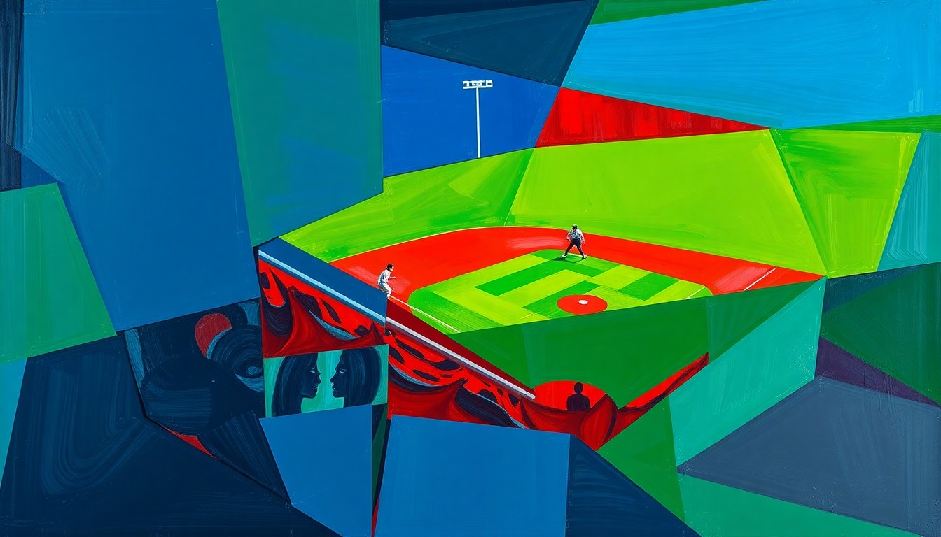 A fragmented, cubist-style painting depicting a high school softball game, with sharp geometric shapes and planes in navy, green, and red, conveying the energy and movement of the sport.
