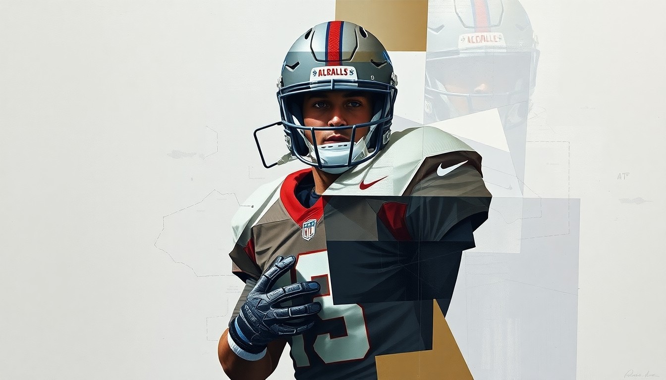 A cubist-style painting depicting a football player's body and equipment broken down into sharp, overlapping geometric shapes in a muted color palette, conceptually representing the fragility of an NFL career.