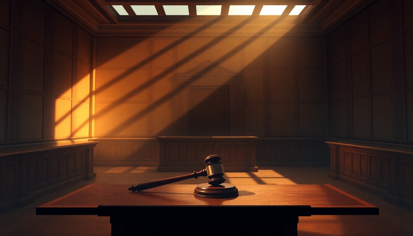 A dimly lit, cinematic painting of an empty courtroom with a single wooden gavel resting on the judge's bench, conceptually representing the legal battle over the status of online prediction markets.
