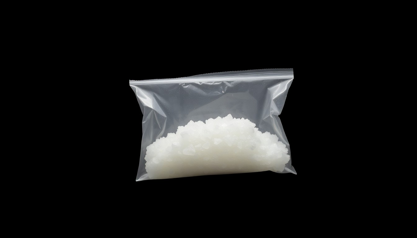 An extreme close-up of a small plastic bag containing a white crystalline substance, dramatically lit by a harsh flash against a dark background, conceptually representing the discovery of illegal drugs during a police traffic stop.