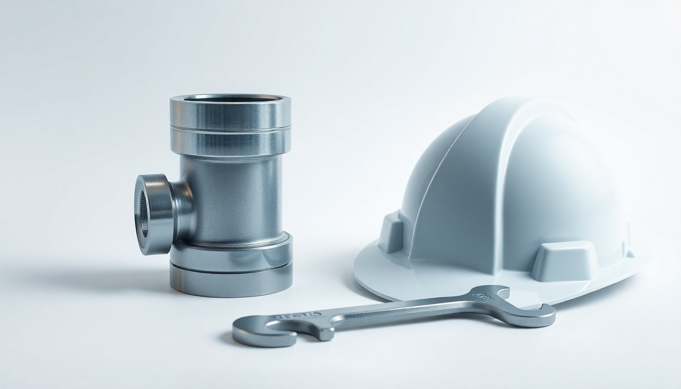 A photorealistic studio still life featuring a metal pipe fitting, steel wrench, and hardhat arranged on a clean white background, representing the tools and materials of the modern oil and gas industry.