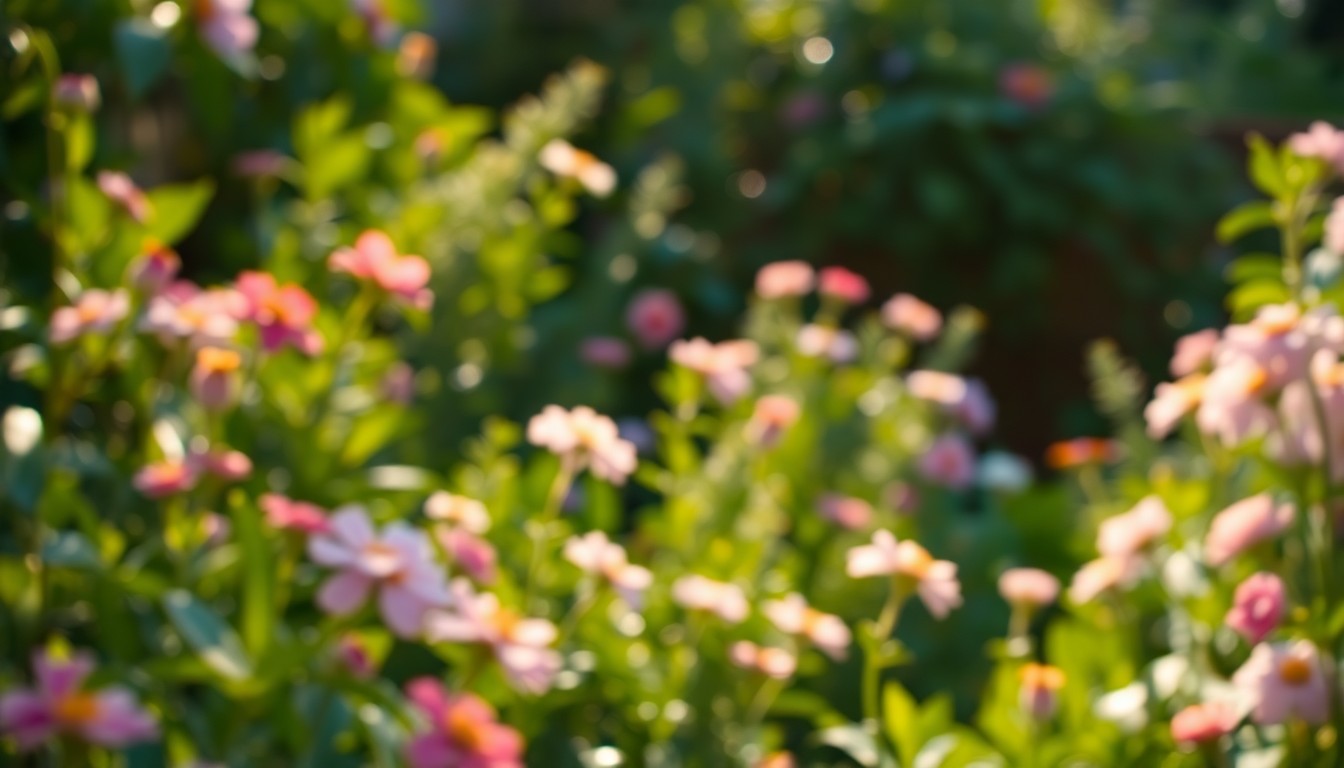 An extremely abstracted, out-of-focus photograph of a vibrant, verdant garden scene with soft, warm pools of light and color, conveying the tranquil legacy of a lifelong gardener.