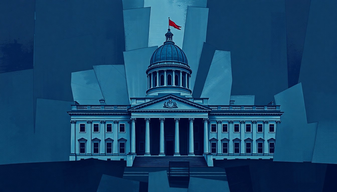 A fractured, abstract painting in shades of navy, gray, and purple depicting a government building or political symbol, conveying a sense of instability and fragmentation.