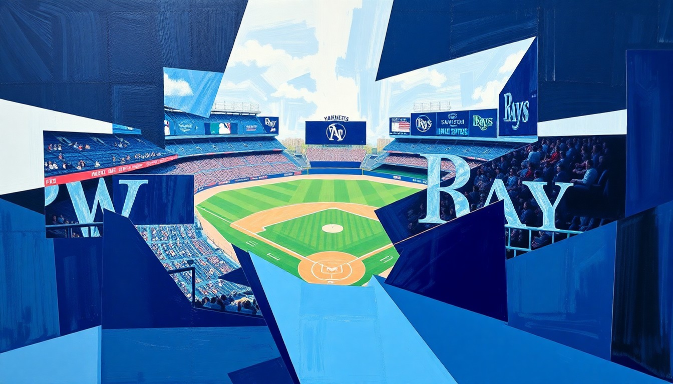 A fractured, multi-perspective painting featuring overlapping geometric shapes and planes in navy blue, white, and powder blue, conceptually representing the intensity and action of a baseball game between the New York Yankees and Tampa Bay Rays.