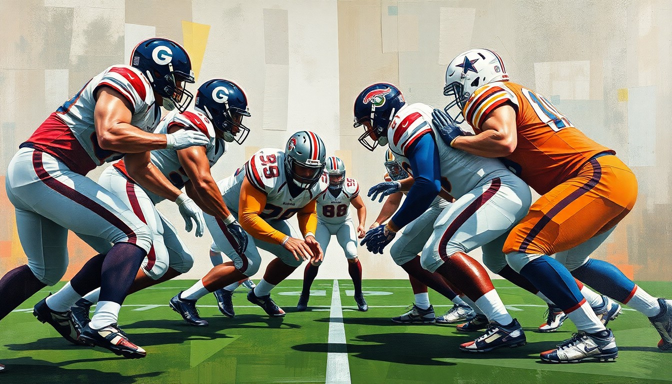 A fragmented, geometric painting depicting an offensive line play, with the players' bodies and equipment broken down into sharp, overlapping planes of color and shape.